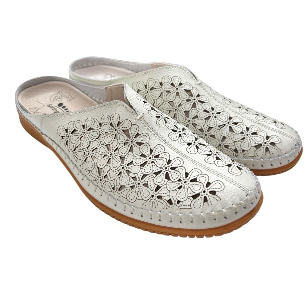 Spring Step White Floral Mules with Perforated Design